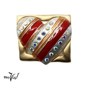 Vintage Signed AMJC Red Enamel Heart Brooch Pin Rhinestones Gold Tone - Hey Viv